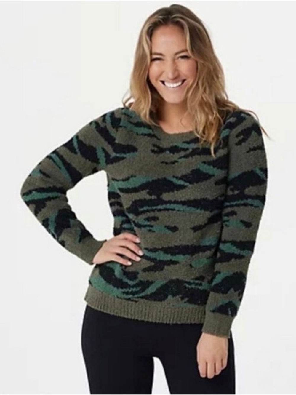 Barefoot Dreams Women XL Green Camo CozyChic Seaside Crew Neck Pullover NWT